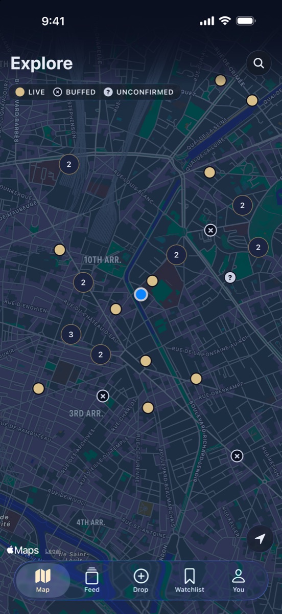 Buffed's city map with live and buffed spots